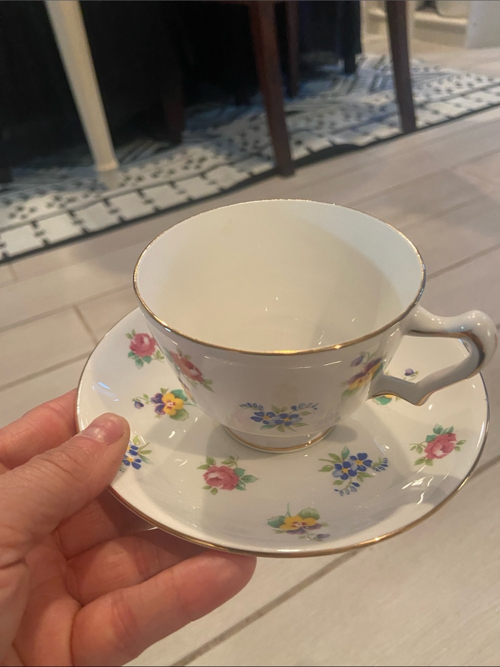 Vintage Floral Tea Cup and Saucer with Gold Trim